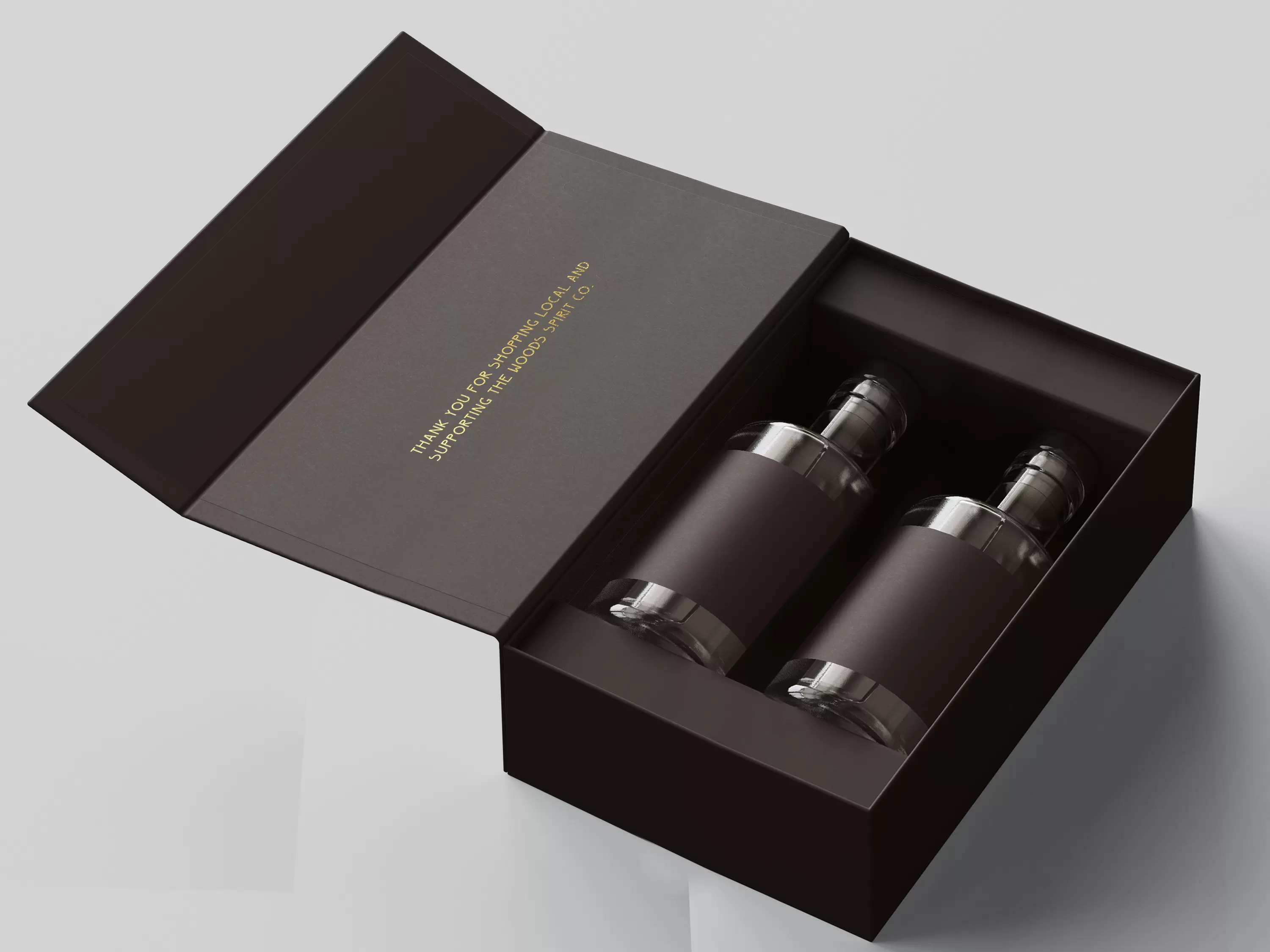 Wine glass packaging box with fitted structure for bottle and accessory presentation